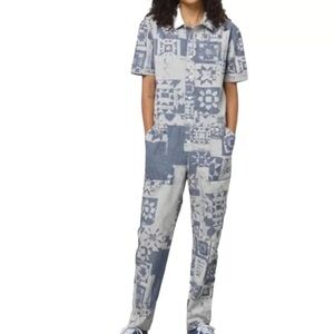 Patchwork Print Short-Sleeve Jumpsuit in Blue Gray